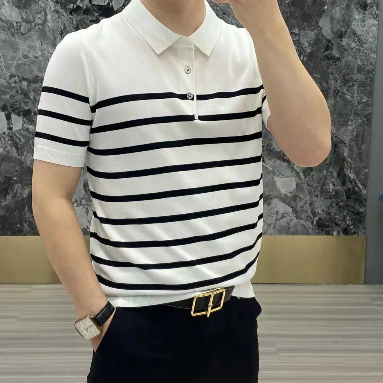 Korean Clothing Smart Casual Splicing Stripe Slim Polo Shirts Summer Men Knitted Streetwear Fashion Short Sleeve Versatile TopsX240920