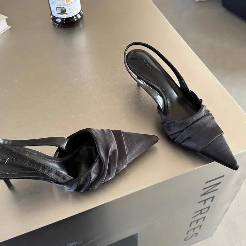 Womens high heels sandals 2024 summer womens dress black leather party fine cornered shoe cap sole hollow sandals 240919