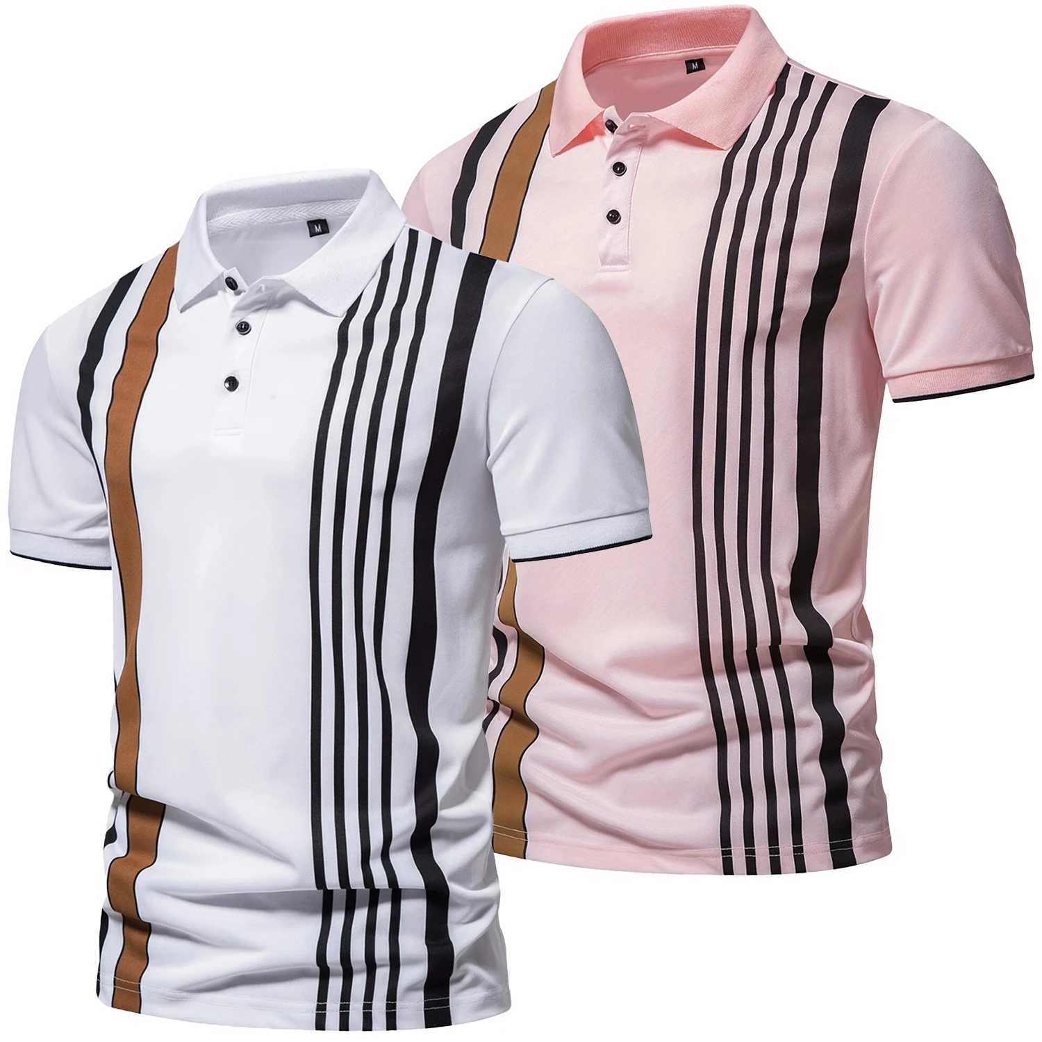 2024 New Fashion Mens Contrast Vertical Striped Polo Shirts Casual Business Short Sleeve 100% Polyester Patchwork Polos for MenX240920