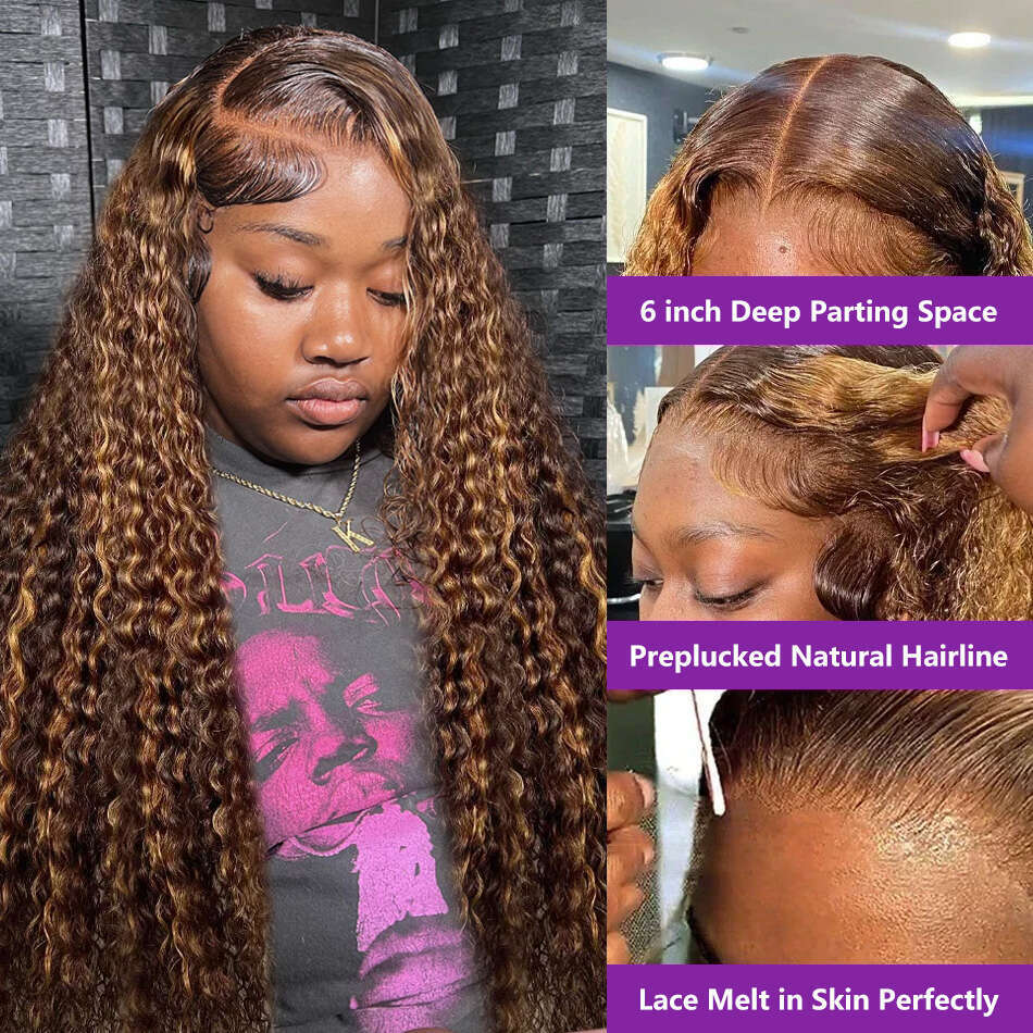 Highlight Honey Blonde Curly Water Wave 13x6 HD Lace Frontal 100% Ombre Deep Human Hair Wigs Wear Go 4x4 Wig