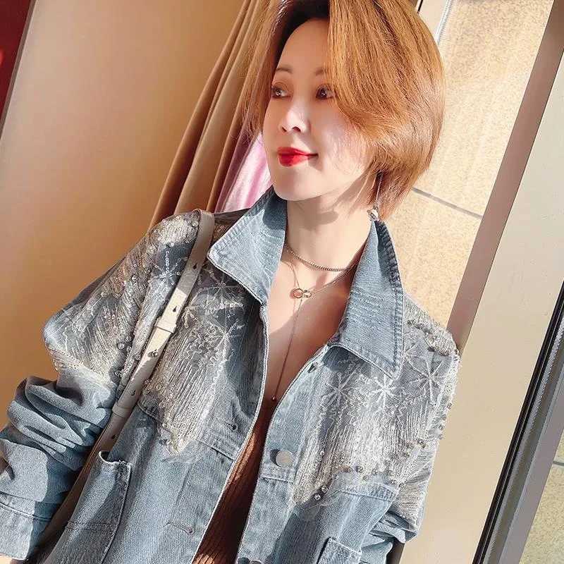 Sequin Small Patchwork Female Jeans Coat Diamonds with Rhinestones Crop Short Womens Denim Jackets Outerwears Spring AutumnX240920