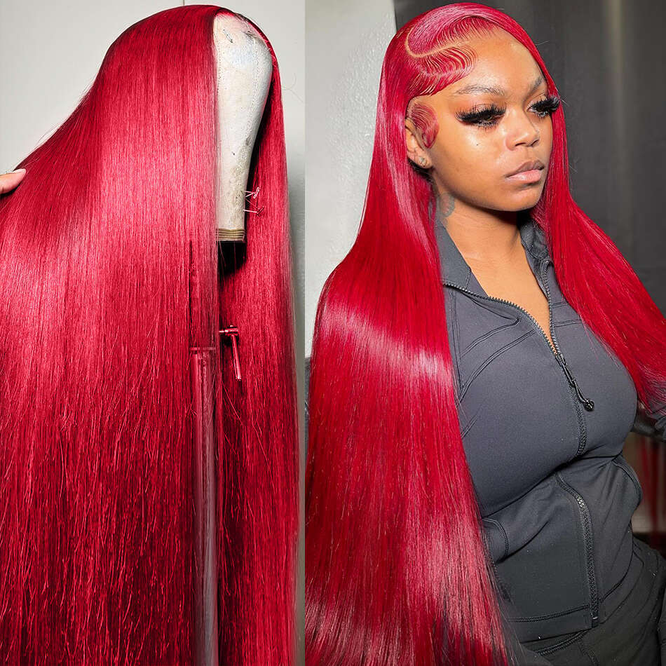 30Inch Brazilian 13x6 HD Front Human Hair Wigs 220% Red Color Bone Straight 13X4 Transparent Lace Frontal Wig For Women