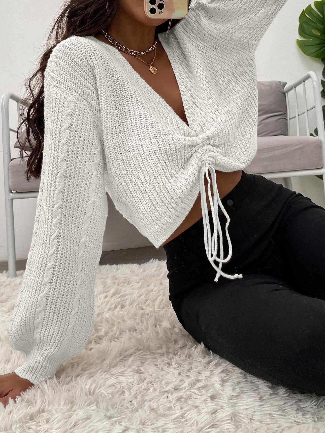 Women Fashion White Sexy Deep V-Neck Women's Knitted Sweater Drawstring Tie Up Ruched Slim Fit Knit Pullover Ribbed Crop Top