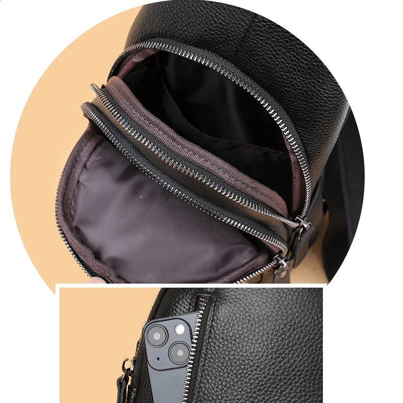 100% genuine leather mens chest bag shoulder messenger transparent handbag 240919