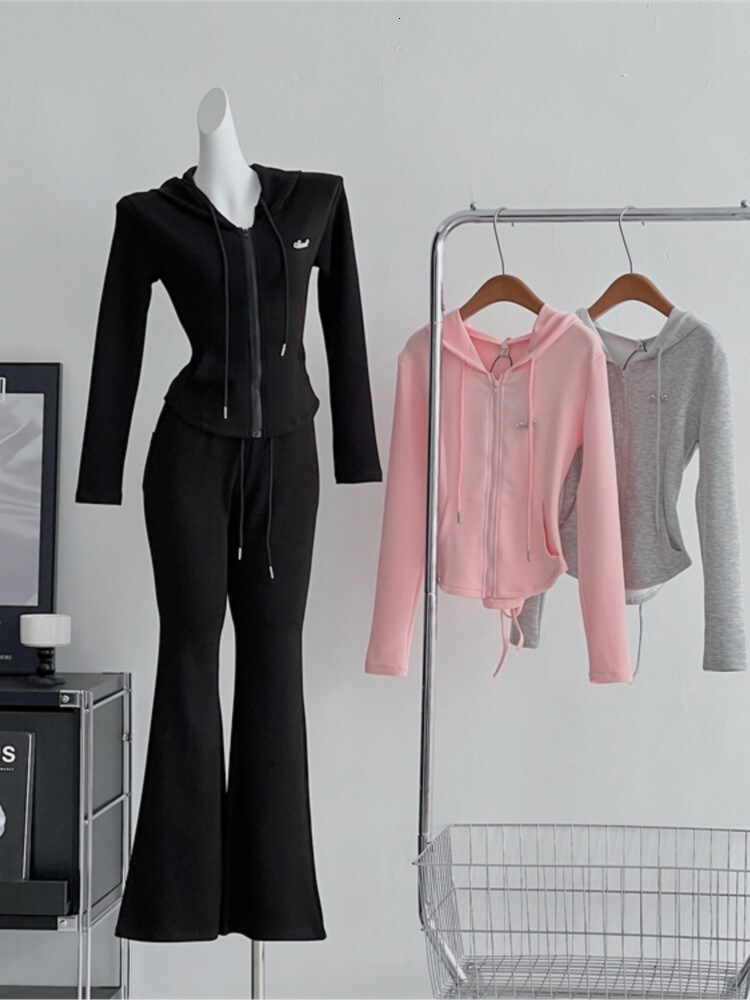 Y2k High Street Two Piece Set Tracuit Women Hooded Zipper Jacket + Drawstring Wide Leg Pants Korean Fashion Solid Slim Outfits
