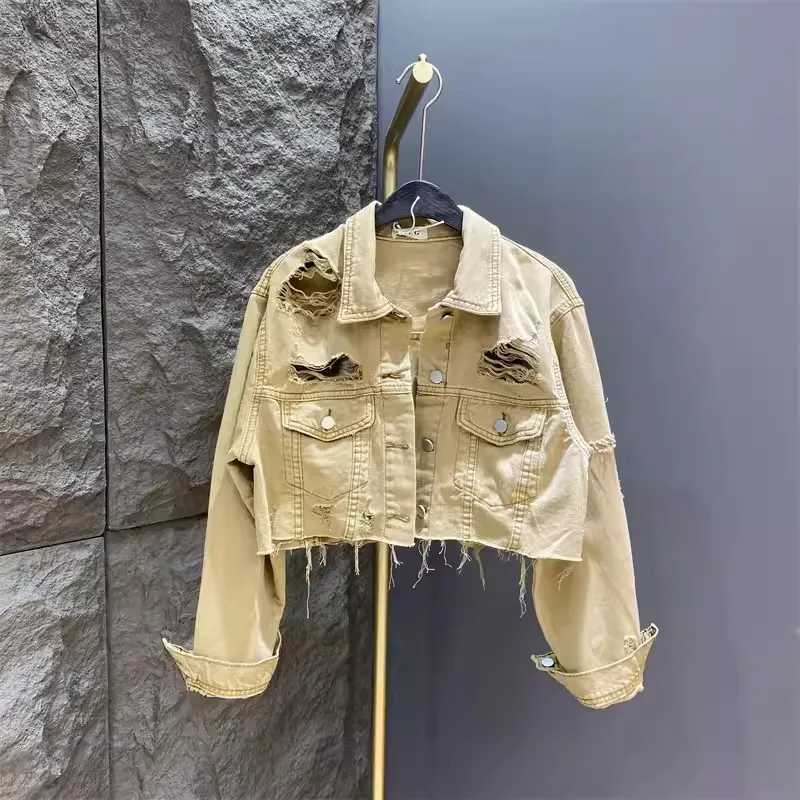 Autumn Pink Short Denim Jacket Women Spring New Slim Holes Single-Breasted Jean Coats Long Sleeve Frayed Outwear Femme DenimwearX240920