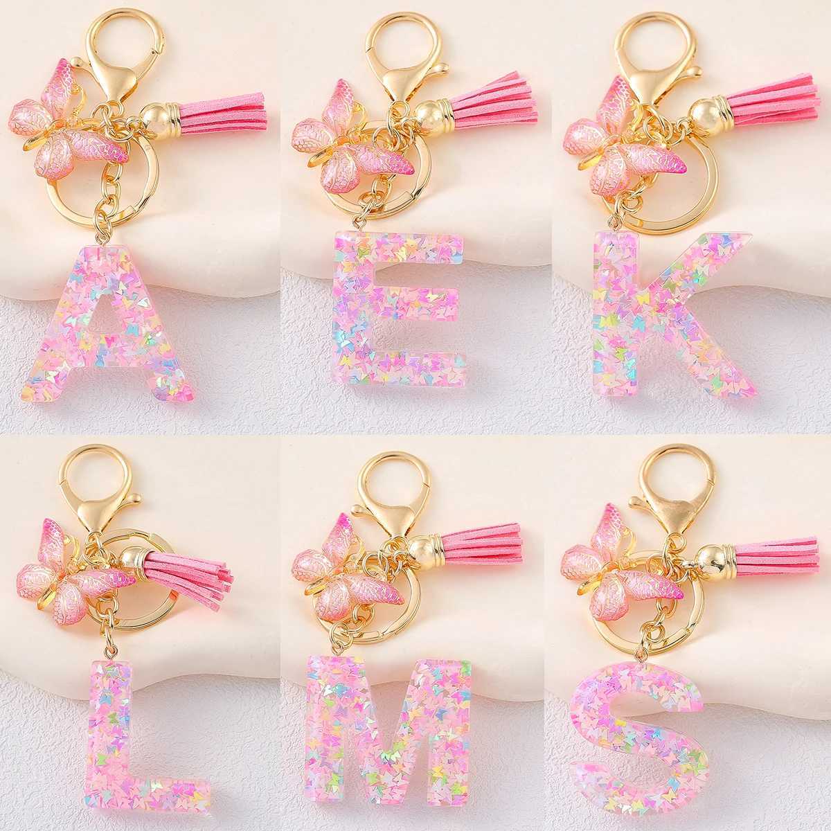 Fashionable Cute Tassel Alphabet Keychain Resin Colorful Sequins Butterfly Letter Keyring Ideal For Ladies Festive Purse CharmX240919