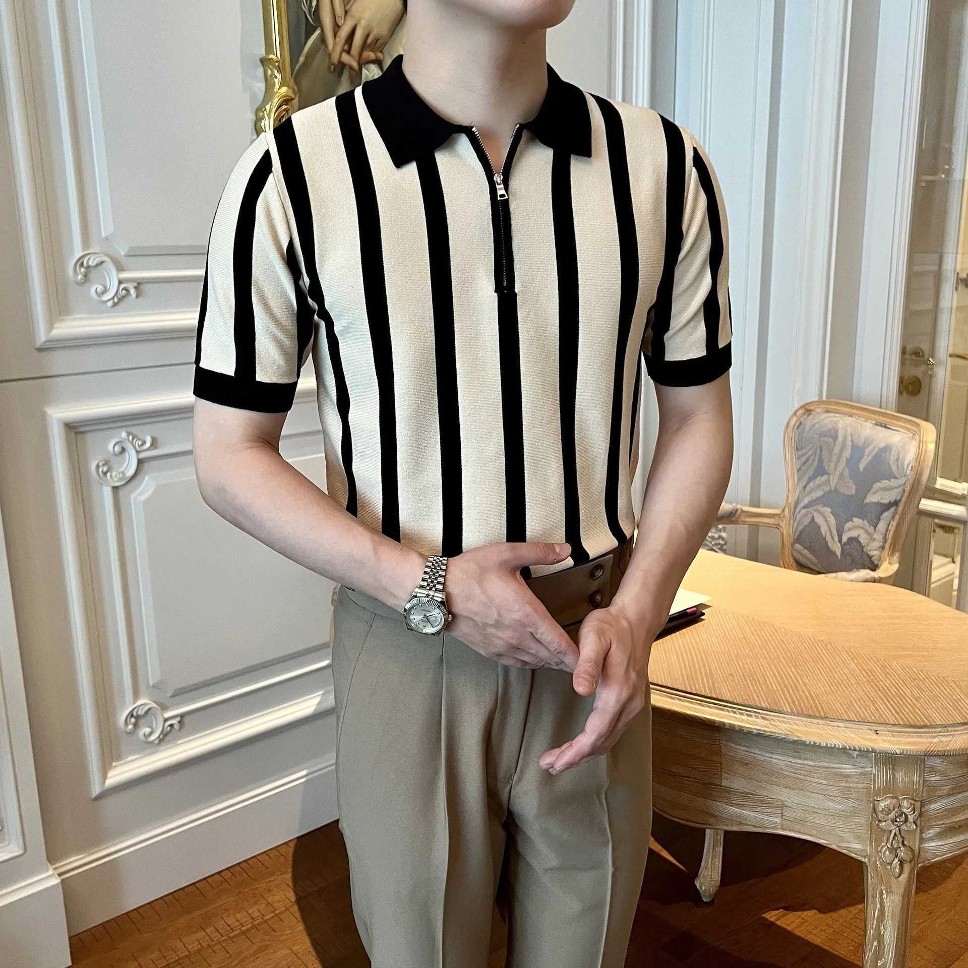 Mens Clothing Leisure Light Luxury Knitted Polo Shirt Korean Striped Zipper Short Sleeve Retro Breathable Fashion Knitwear TeesX240920