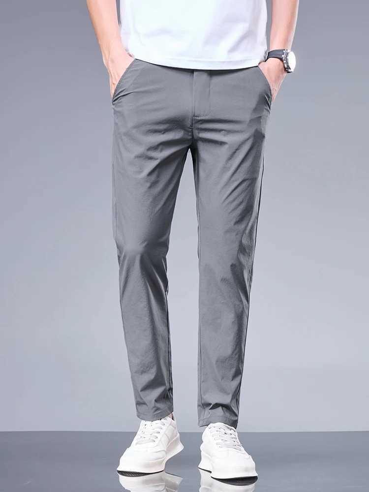 Summer New Business Ice Silk Pants Straight Elastic Waist Black Grey Trouser Breathable Simple Mens Clothing Casual Set Pants W240919