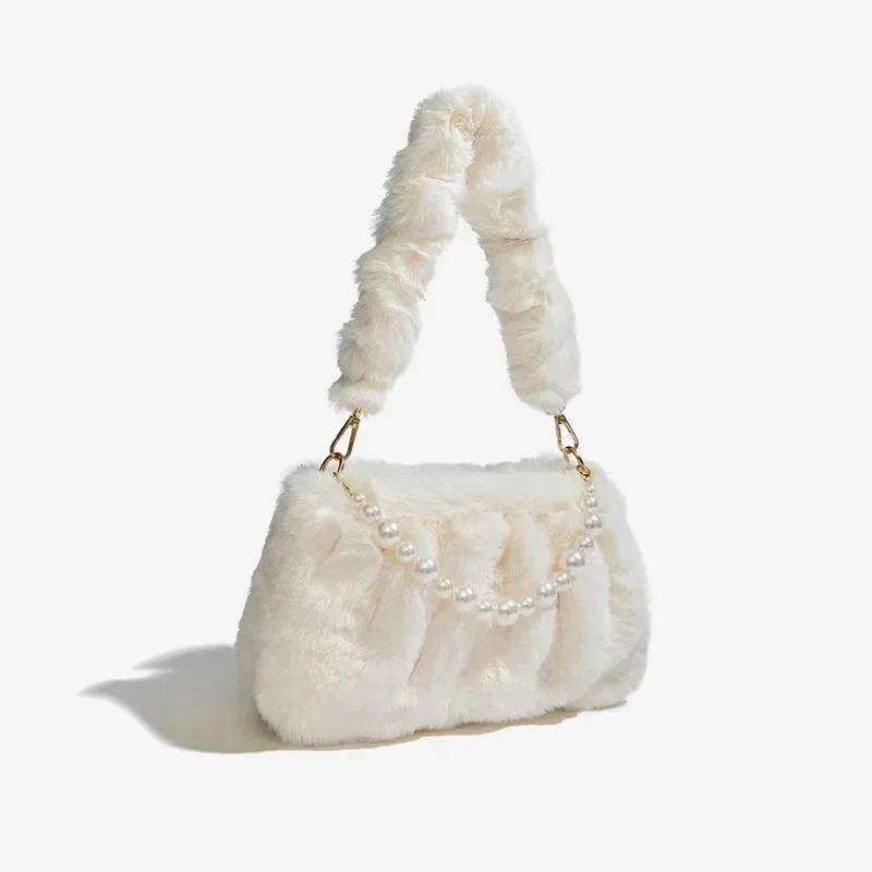 2025NEW Winter High Quality Plush Bags Fashion Versatile Zipper Shoulder Natural Pearl fashion trend Chain Underarm Bag Women Handbags fashion Beige B