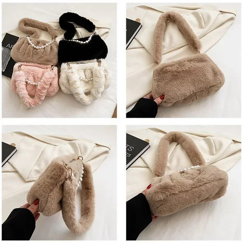 2025NEW Winter High Quality Plush Bags Fashion Versatile Zipper Shoulder Natural Pearl fashion trend Chain Underarm Bag Women Handbags fashion Beige B