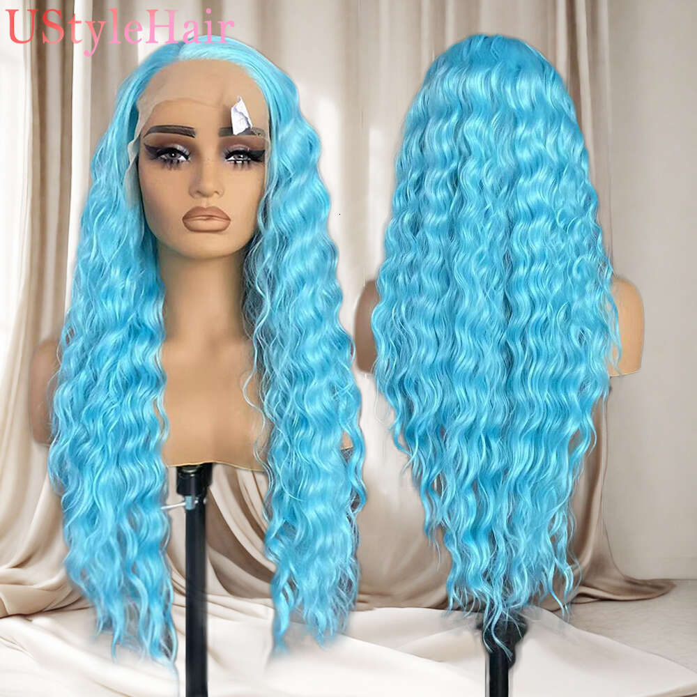 Ustylehair Blue Deep Wave Heat Resistant Long Curly Hair Synthetic Lace Front For Women Daily Use Cosplay Wig