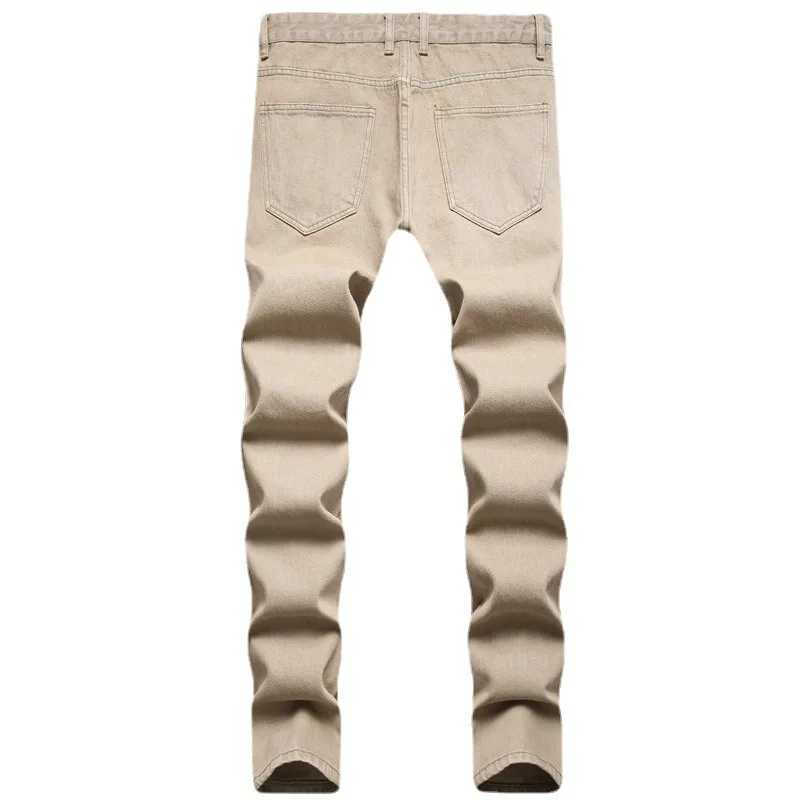 Mens jeans autumn new item solid color mid waist straight denim pants full-length street clothing fashionable ripped jeans CL240912