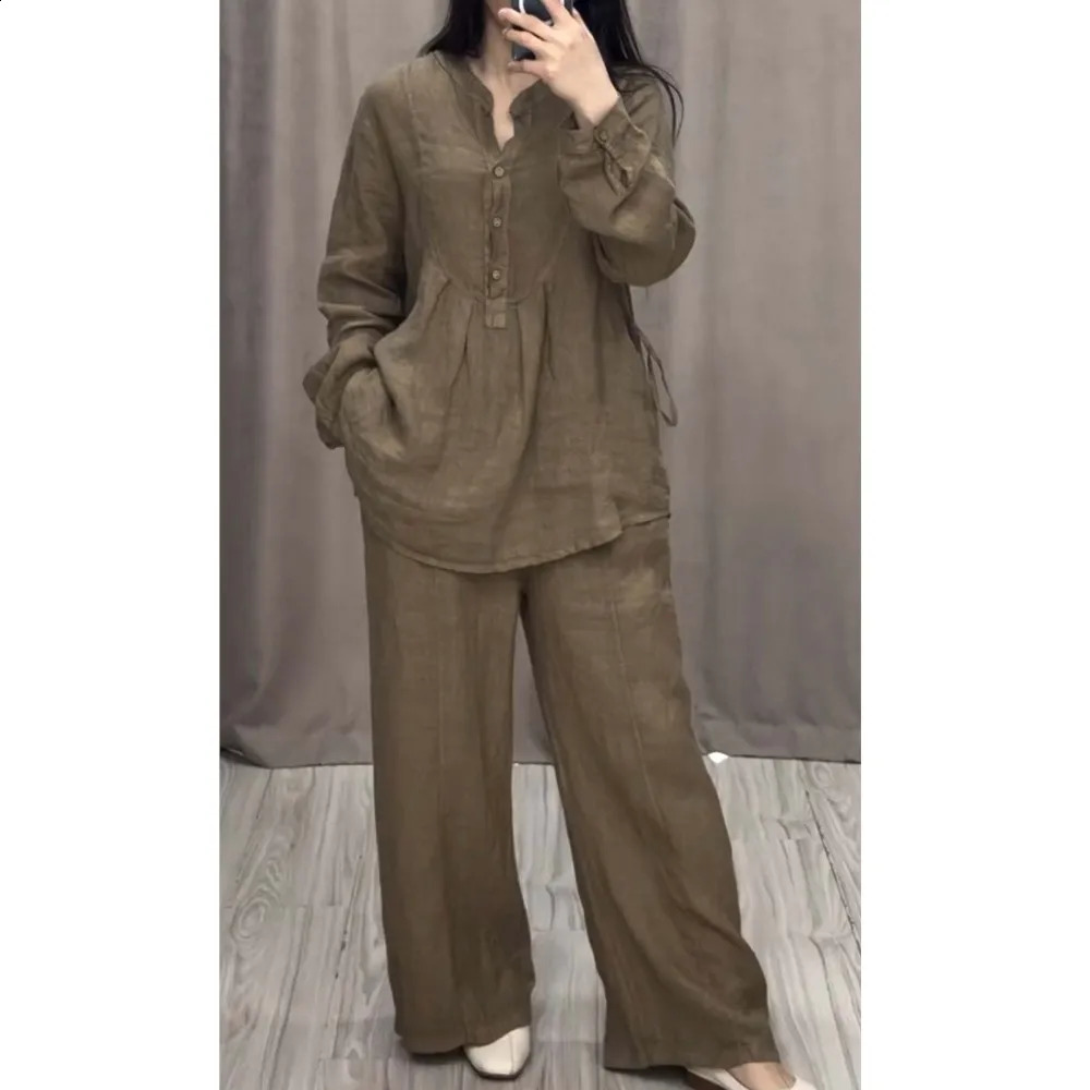 Autumn Fashion Cotton Linen Long Sleeve Half Open Shirt For Womens Suit Casual Pleated Elegant Female Wide Leg Pants 2piece Set 240914