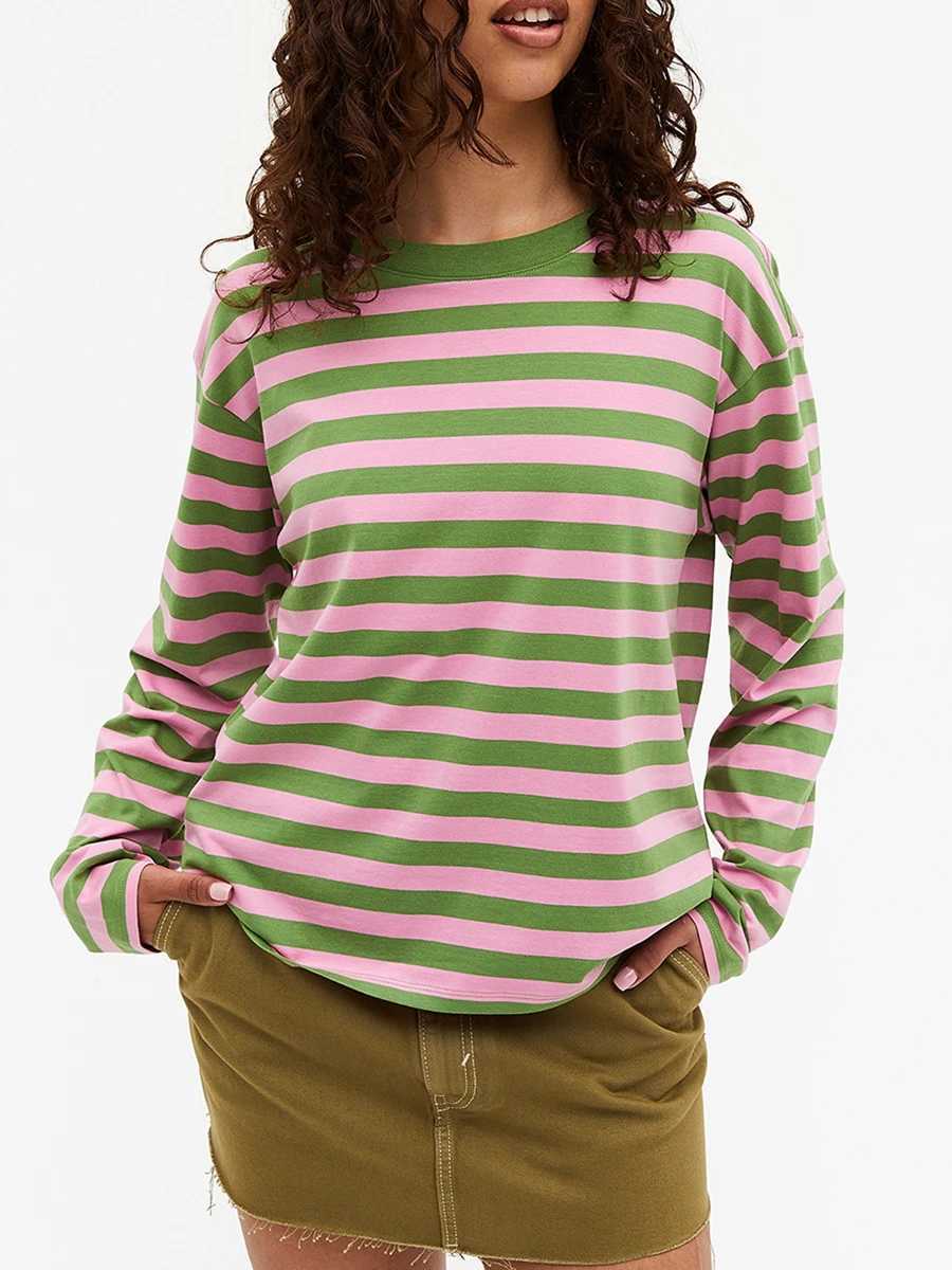Women s Spring Autumn Casual Tops Long Sleeve Round Neck Loose Fit Striped T-shirts M240920