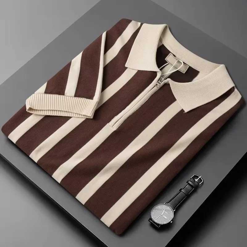 Mens Light Luxury Patchwork Knitted Polo Shirt Leisure Turn Down Collar Zippers Short Sleeve T-Shirt Breathable KnitwearX240920