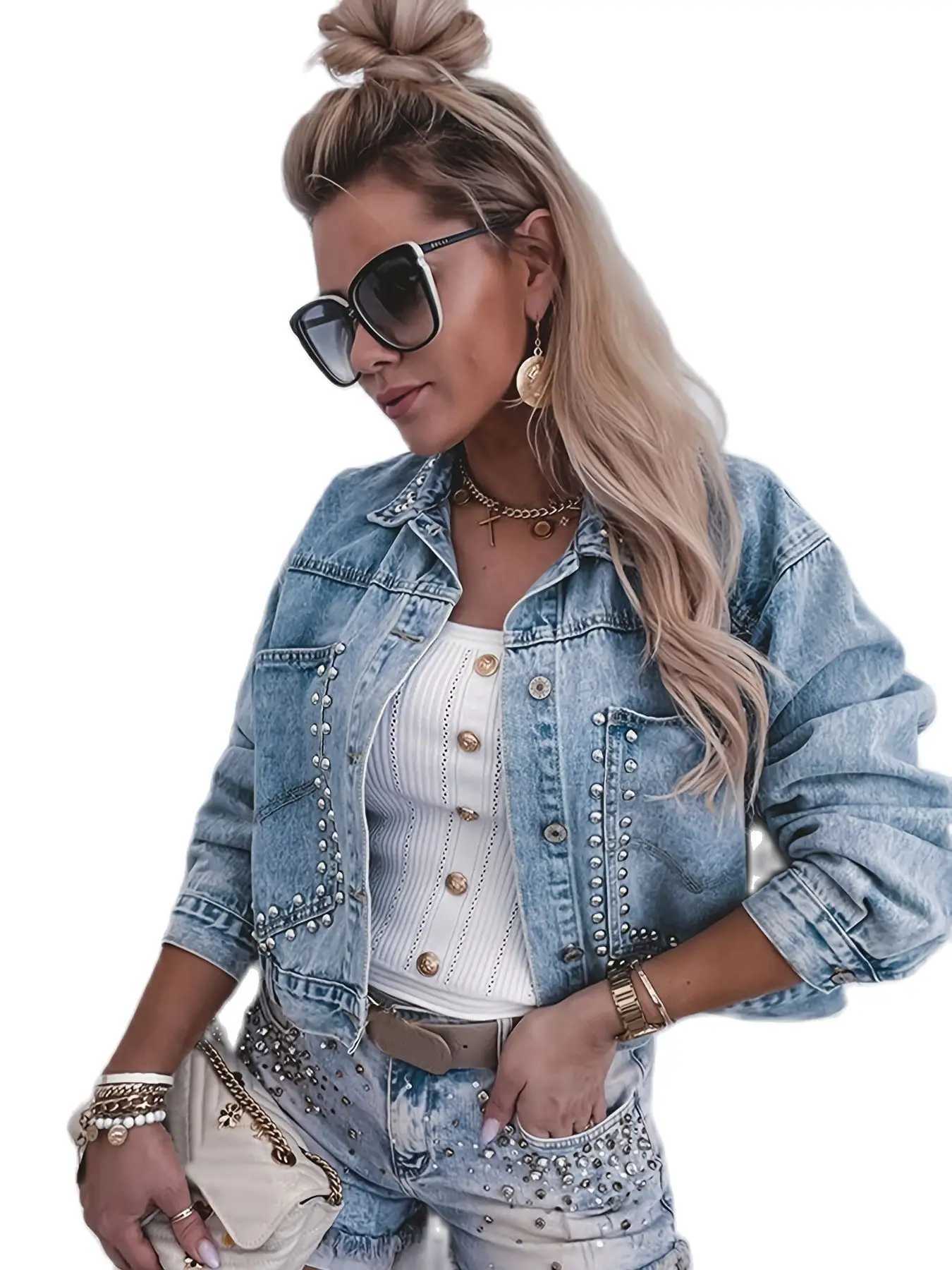 2023 Autumn New Womens Long Sleeve Short Denim Jacket Fashion Retro Rivet Jeans Coat Female Casual Clothing XS-L Drop ShippingX240920