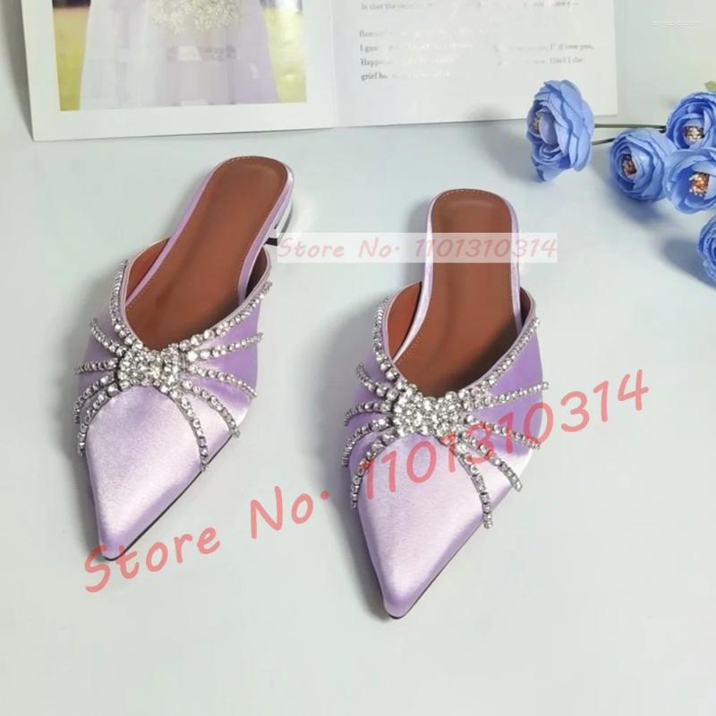 Slippers Crystal Wrap Pointy Toe Satin Women Luxury Sparkly Block Low Heel Shoes Ladies Trending Glittery Dress Flat Slides