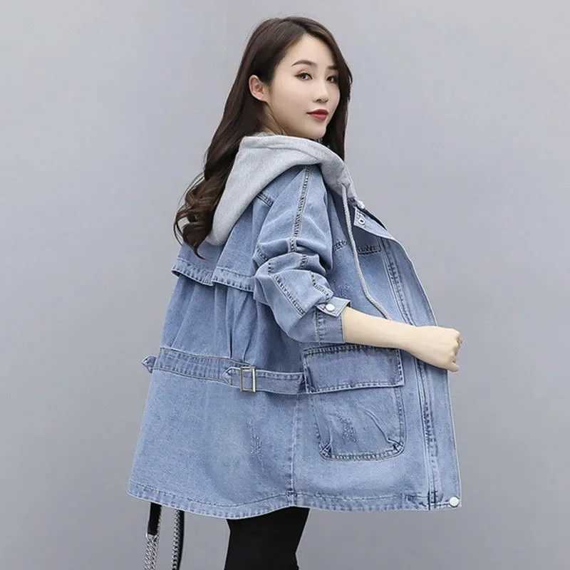 2024 New Autumn Womens Denim Jacket Long Sleeve Casual Jeans Coat Hooded Loose Turn Down Collar Overcoat Femme OuterwearX240920
