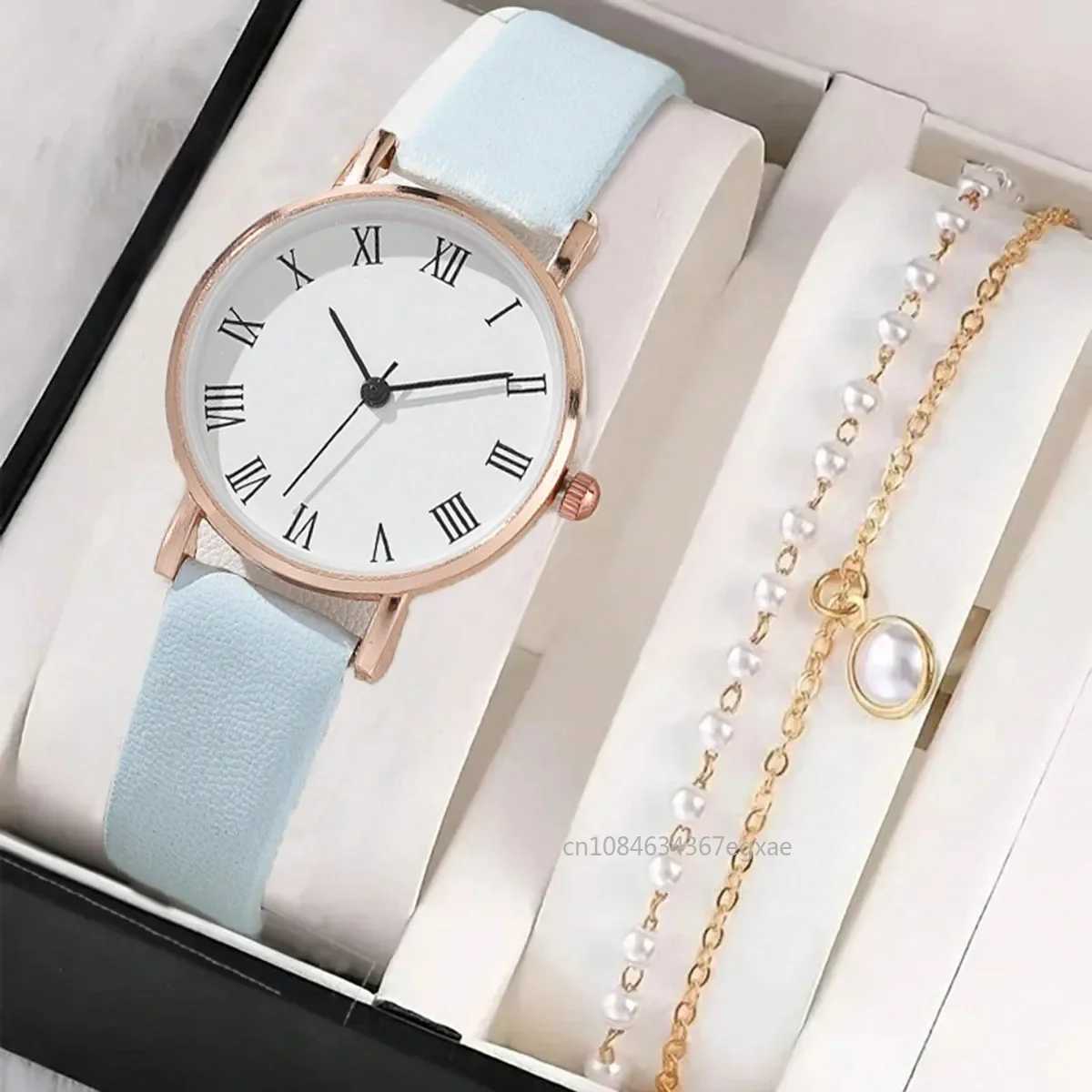 2/1Pcs Fashion Women Leather Strap Quartz Watch Elegant Pearl Bracelet Fashion Wristwatch Casual Ladies Watches Bracelet SetX240920