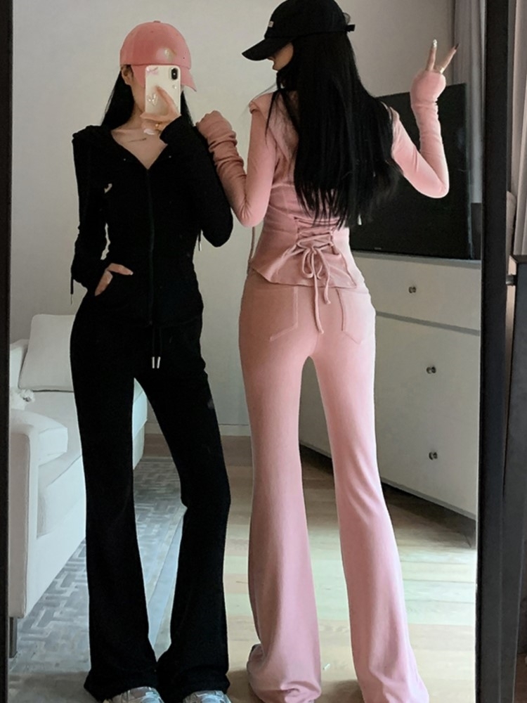 Y2k High Street Two Piece Set Tracuit Women Hooded Zipper Jacket + Drawstring Wide Leg Pants Korean Fashion Solid Slim Outfits