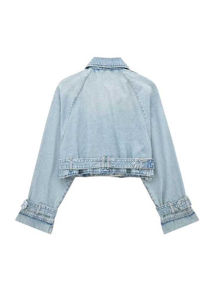 TRAF 2023 Spring Denim Cropped Trench Coat For Women Short Trench Coats Women Short Jackets Ladies Long Sleeve LooseX240920