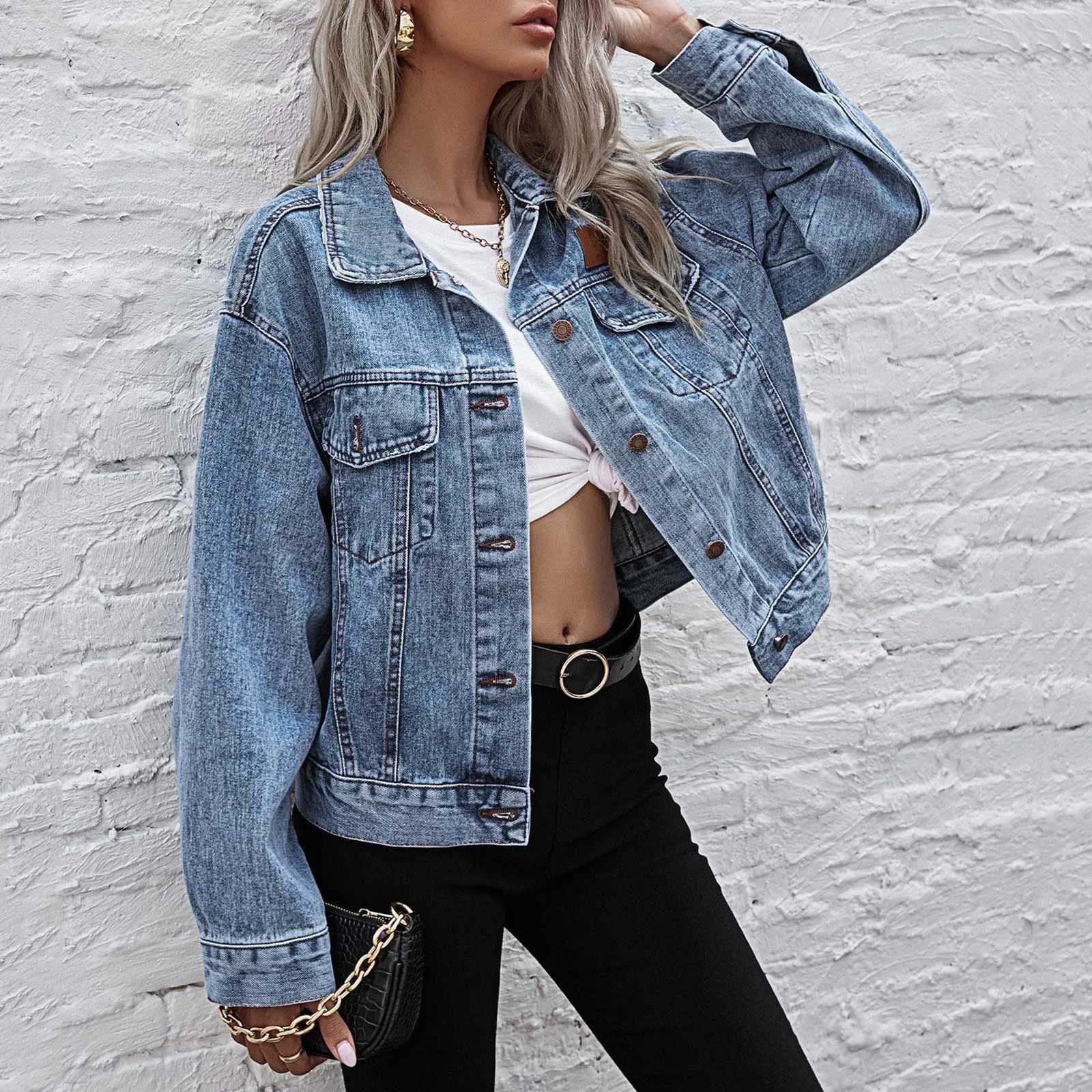 Autumn Spring Jacket Women Plus Size Loose Retro Denim Jacket Long Sleeve Single Breasted Lapel Motorcycle Coat With PocketsX240920