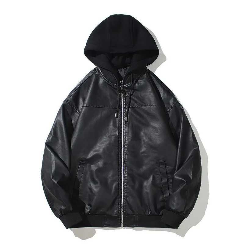 Mens Hooded PU Leather Jacket Motorcycle Hooded Young Leather Plus Cotton Padded Coat Men M240919