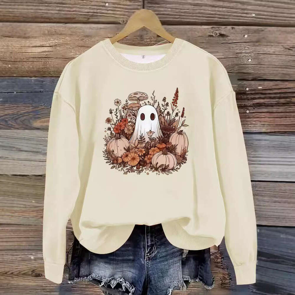 Hallowmas Autumn and Winter Womens Casual Long Sleeved Round Neck Cartoon Ghost Print Pullover Sweatshirt Hoodie Defined Jacket Jackets Womens Autumn 