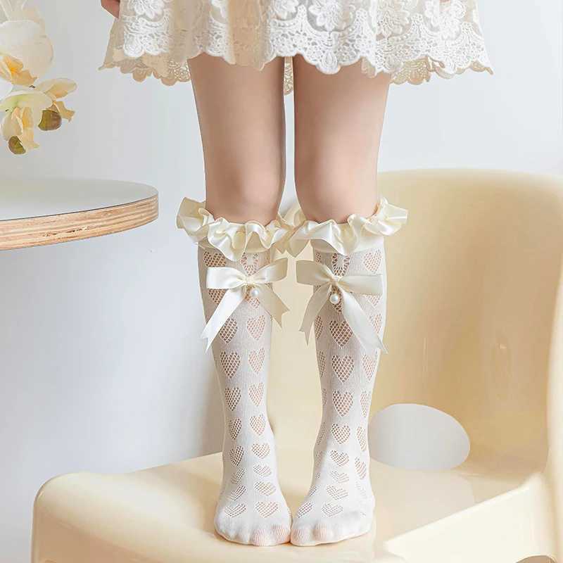 Kids Socks Baby Kids Big pendant pearl Long Lolita Sock Hollow mesh heart Over The Knee High Sock Ribbon bow Princess Girl Kawaii Stockings Q240920