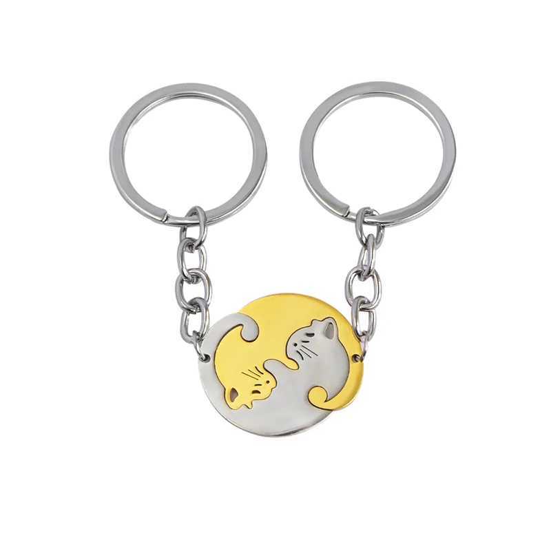 2Pcs/Set His Hers Matching Puzzle Yin Yang Cat Couples Keychains Stainless Steel Heart Key Ring BFF Couple Key Chain JewelryX240919