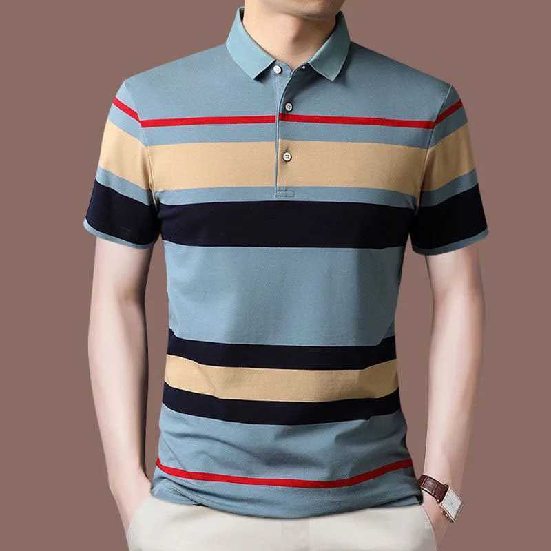 Fashion Men Summer New Striped Polo Shirts Short Sleeve Button Knit Lapel Pullover Business Casual Mens Loose Clothing Top 2022X240920