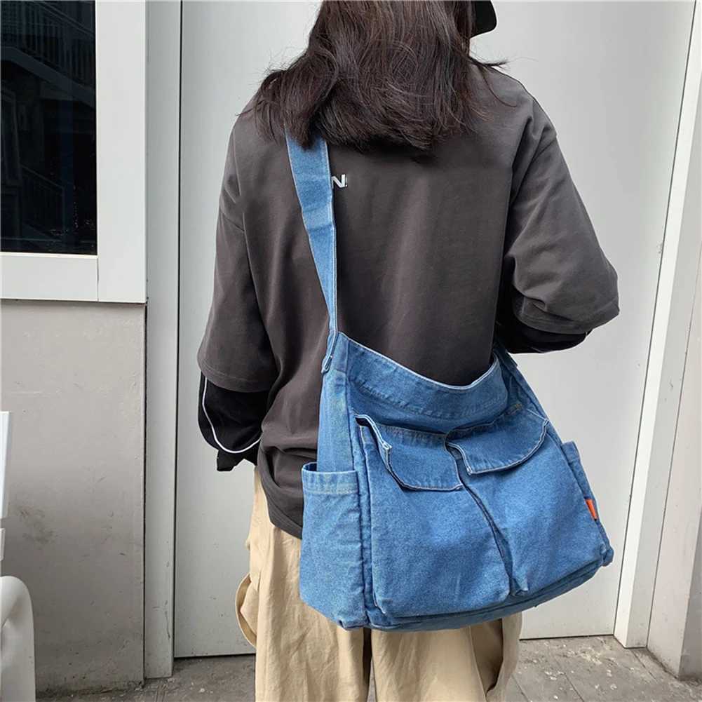 Denim Crossbody Bags for Women Japanese Style Unisex Casual Pocket Books School Bag Students Shoulder Large Jeans 240920