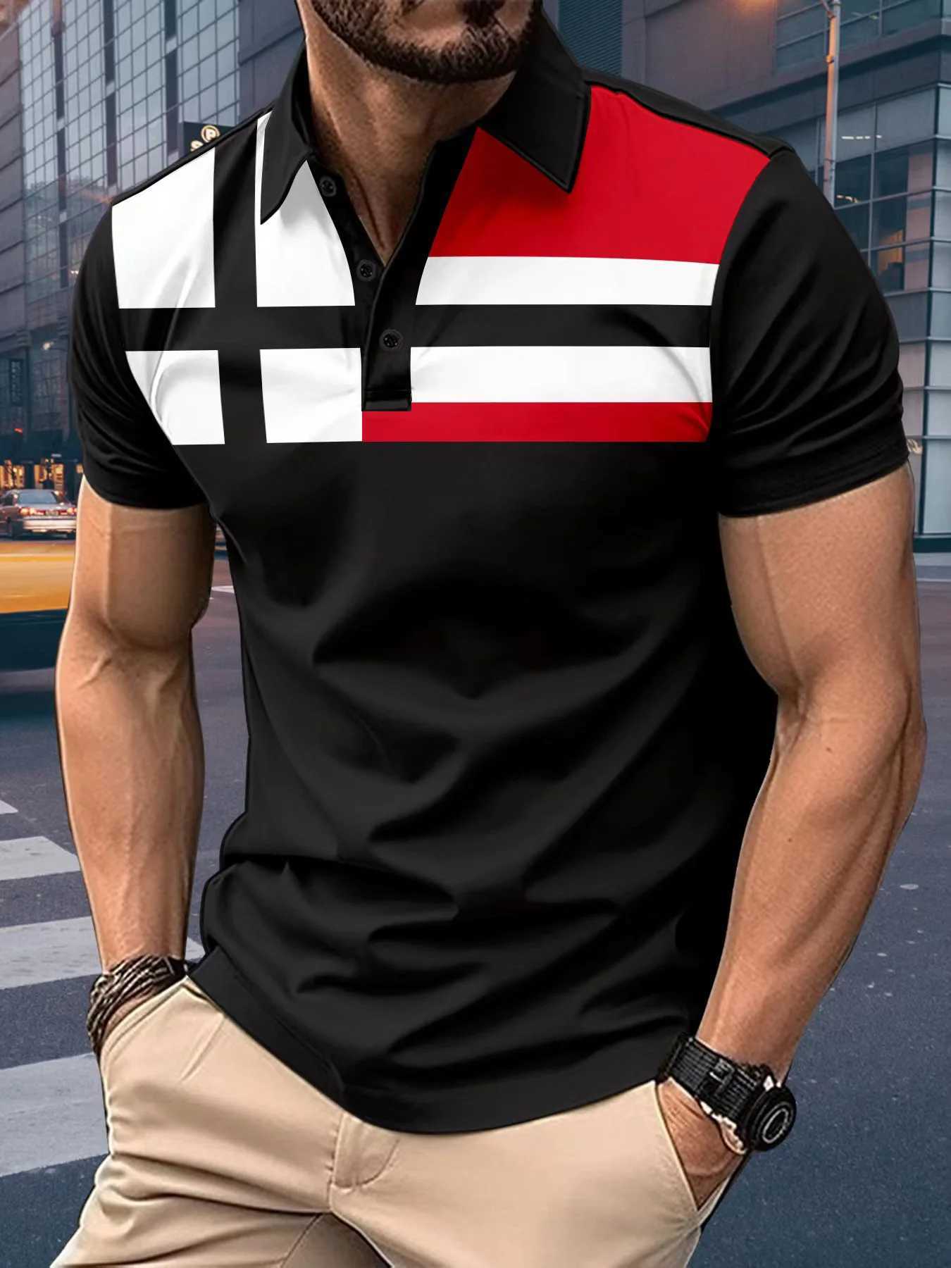 Mens Short-Sleeved Polo Shirt Lapel Polyester Button Stripe Breathable Shirt Business Casual Fashion SummerX240920