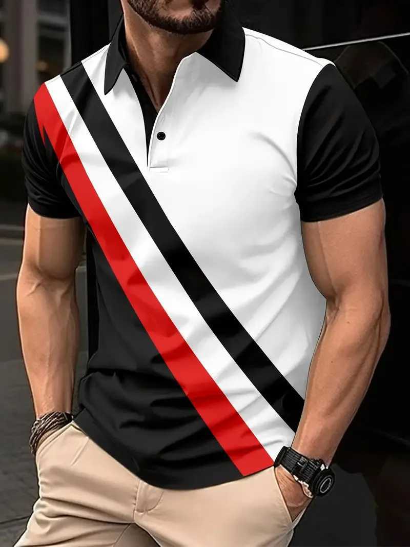 Mens Casual Fashion New Summer Slim Fit Short Sleeve 3D Printing Golf Polo Shirt Stripe Button Mens Short Sleeve Oversized TopX240920