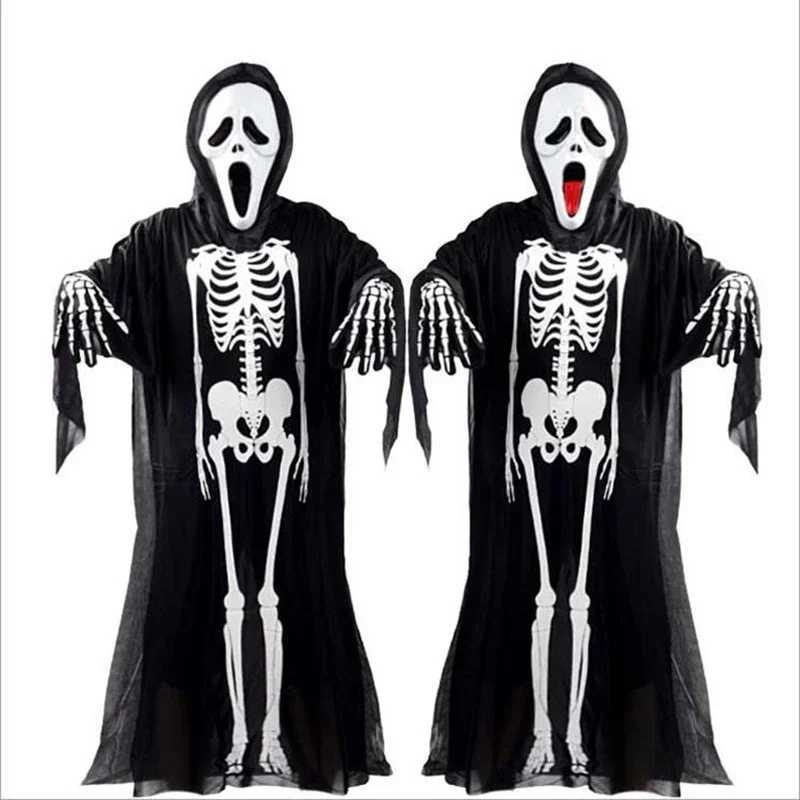 Halloween Adults Kids Skull Skeleton Printed Masquerade Scary Cosplay Costumes with Gloves for Carnival Party Clothes Stage Wear Y240919
