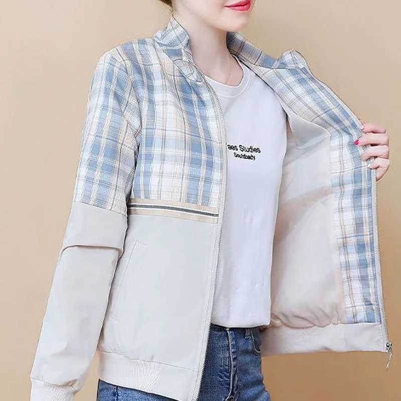 New Spring and Autumn Fashion Korean Edition Spliced Checkered Standing Collar Versatile Casual Simple Womens Jacket CoatX240920