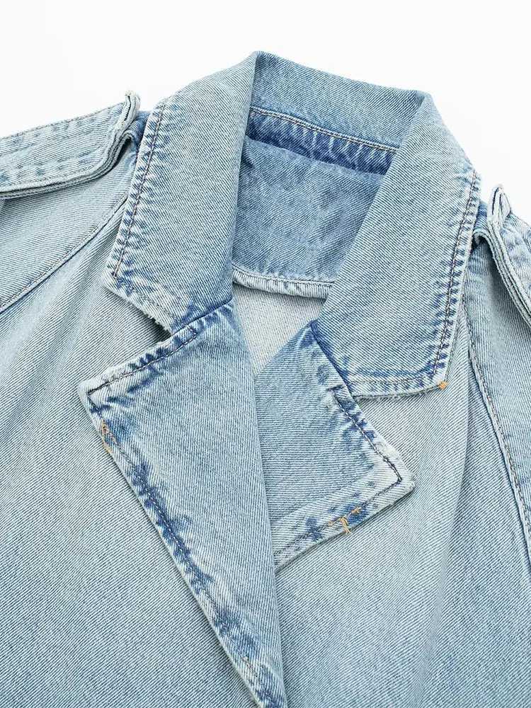 TRAF 2023 Spring Denim Cropped Trench Coat For Women Short Trench Coats Women Short Jackets Ladies Long Sleeve LooseX240920