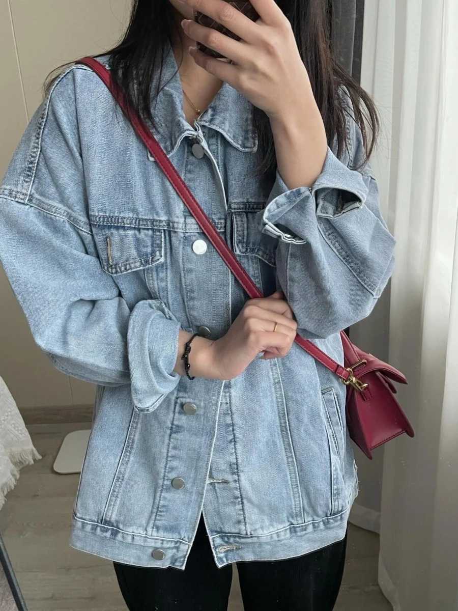 Retro American High Street Blue Denim Jacket Women Autumn Single Breasted Loose Outerwear Female Casual Top CoatX240920