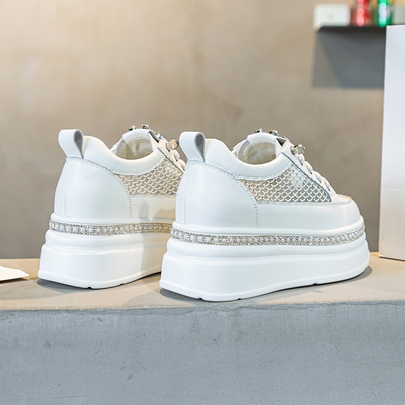 Thick soled inner raised small white shoes with breathable mesh for women. 2024 Summer New One Step Leather High Heel Single Shoes