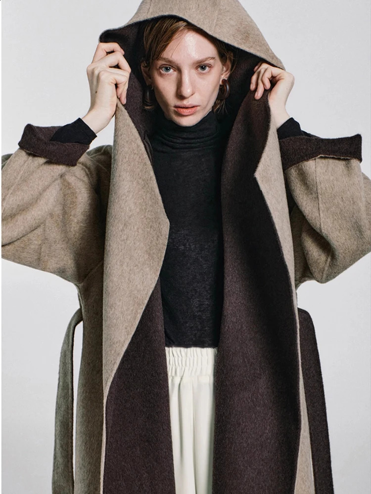 Office ladies hooded wool jacket autumnwinter bathroom style loose and lazy lace tied womens long 240918