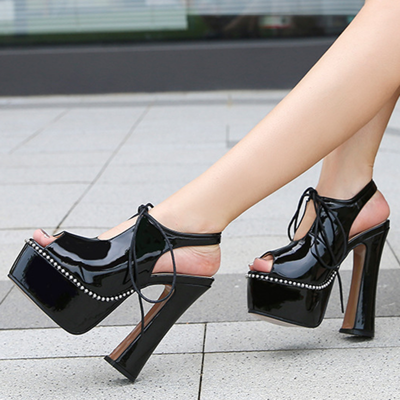 Sandal model design large size fashion lace thick sole super high heel 14cm sandal fish mouth shoes women thick heel