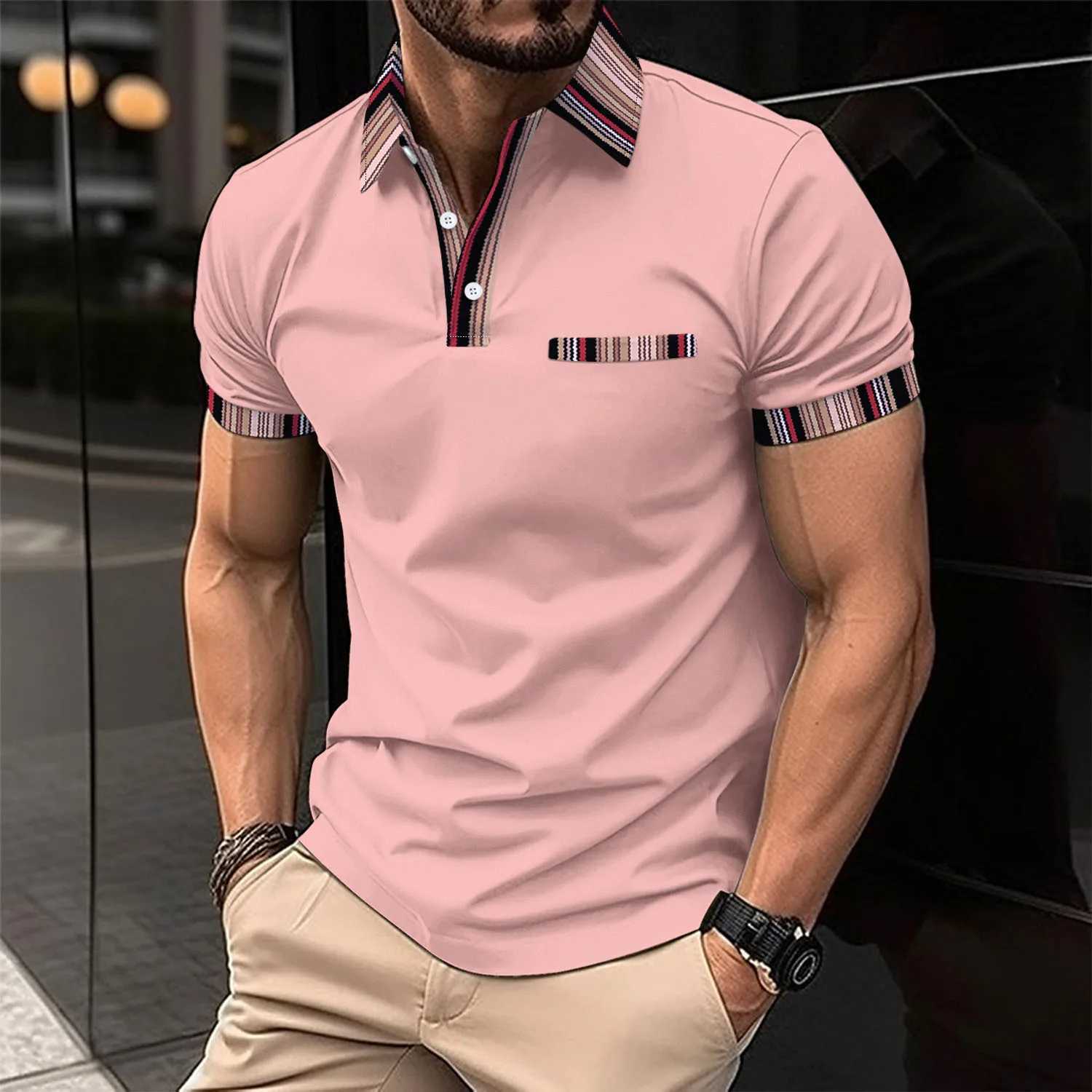 Mens casual POLO shirt chest fake pocket striped color matching buttons mens T-shirt breathable topX240920