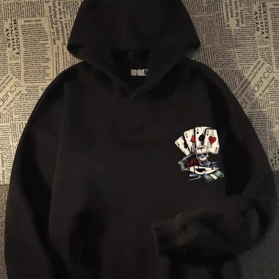Trend Poker Skull Printing Europe and America Hip Hop y2k Hoodies Mens Sweatshirts Autumn Oversized Long Sleeves Street Tops 240912