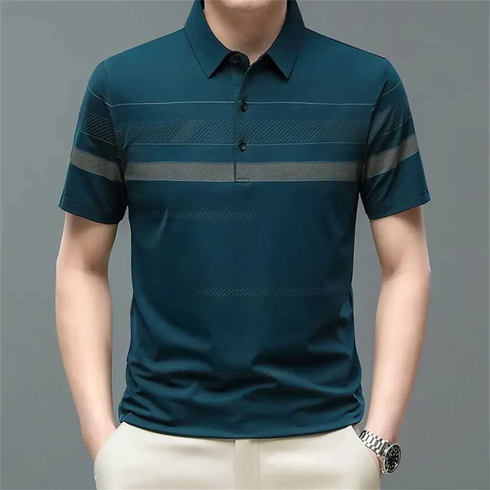 New Summer Mens Fashion Polo Shirt High Quality Striped Shirt Polo Short Sleeved Casual Button Shirt Men Clothing Senior TopsX240920
