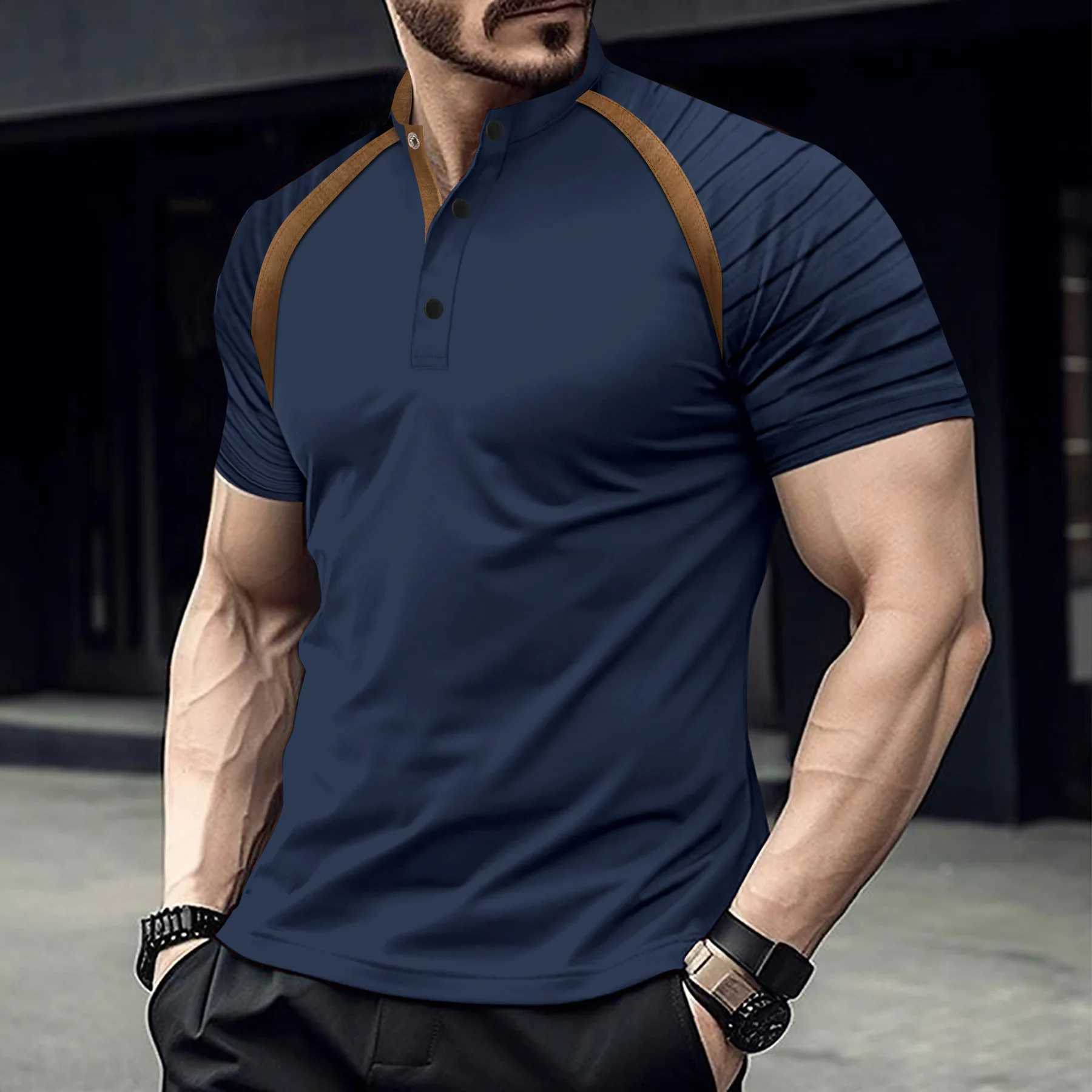 Mens Casual Summer POLO Shirt Stand Collar Spliced Retro Arm Stripes High Quality Comfortable Mens Loose Sports POLO ShirtX240920