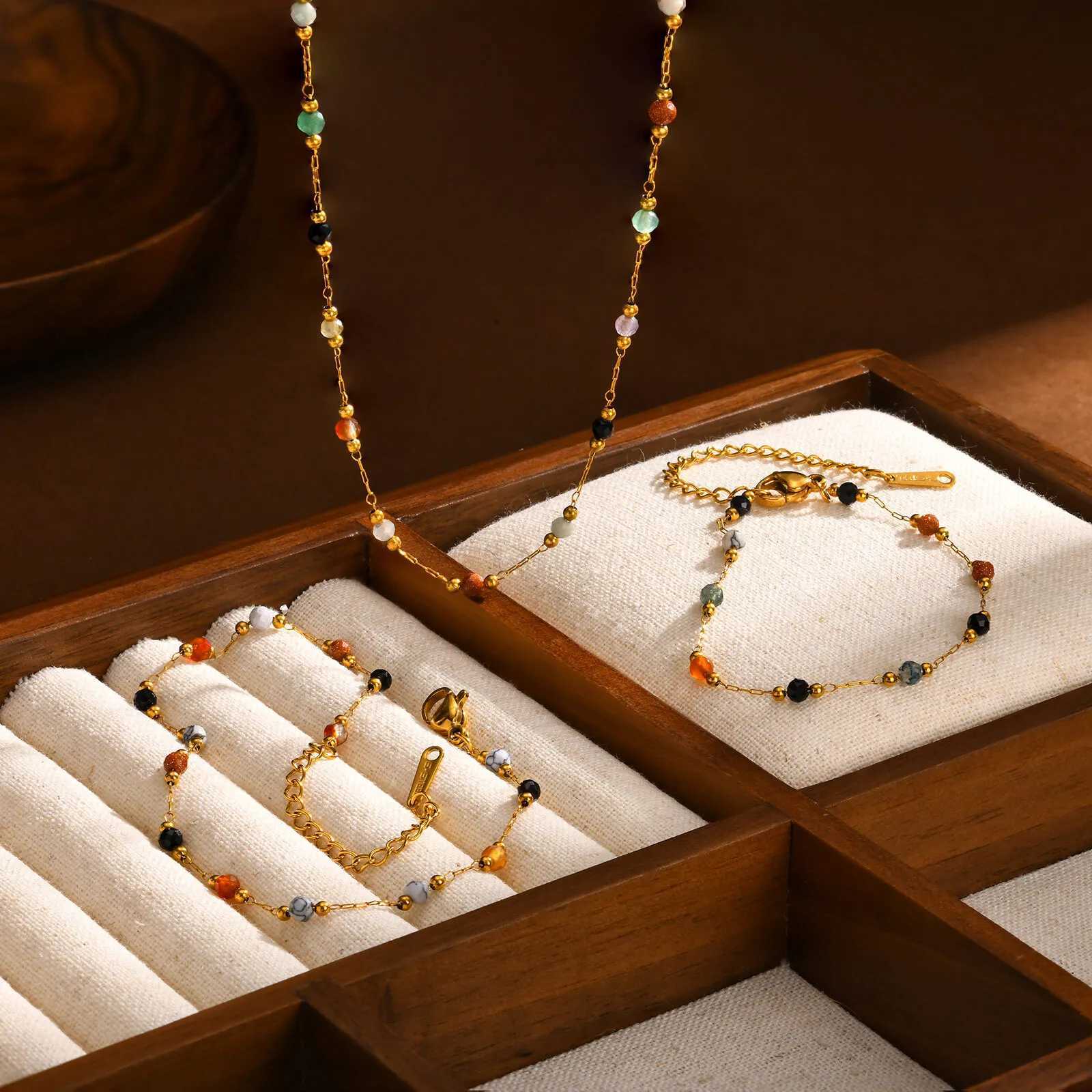 Nature Stone Beaded Chain Anklet Bracelet on Leg For Women Stainless Steel 18k Gold Plated Beach Foot Anklet Jewelry Gift Y240920