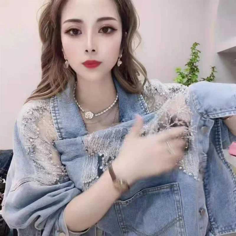 Sequin Small Patchwork Female Jeans Coat Diamonds with Rhinestones Crop Short Womens Denim Jackets Outerwears Spring AutumnX240920