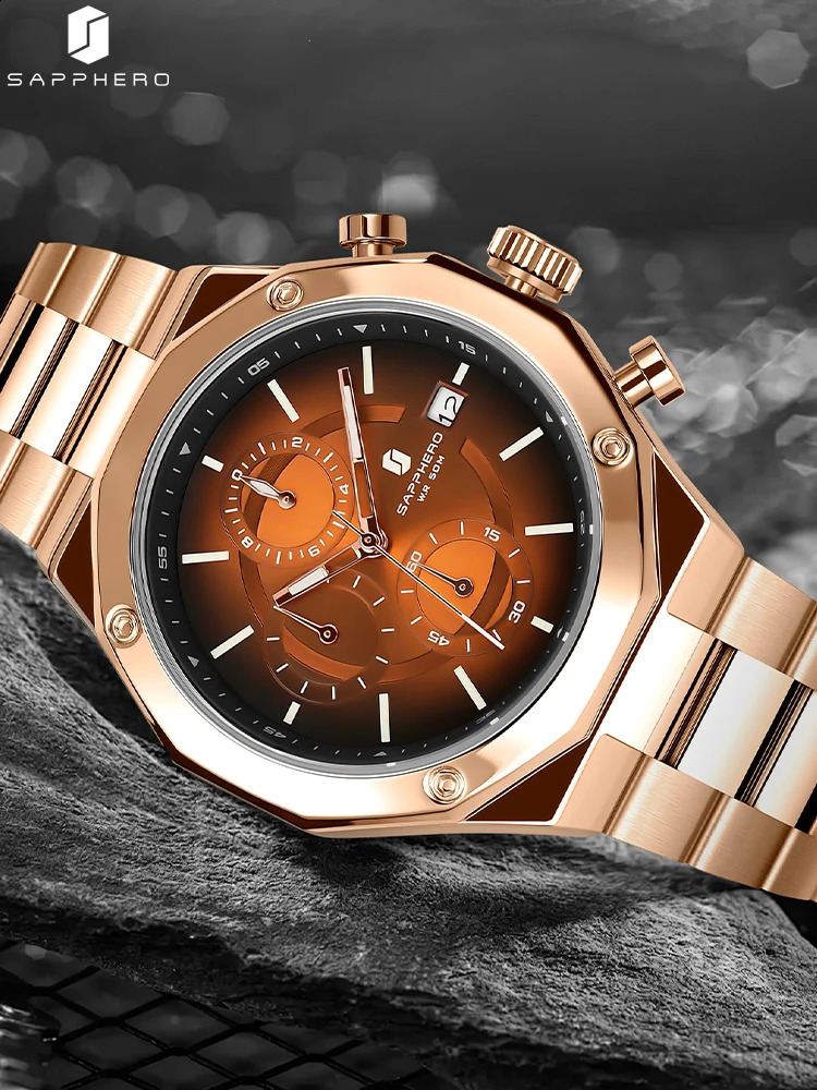 SAPPHERO Rose gold Chronograph Mens Watch Stainless Steel Quartz Watch Business Waterproof Luminous Calendar Wristwatch 240909