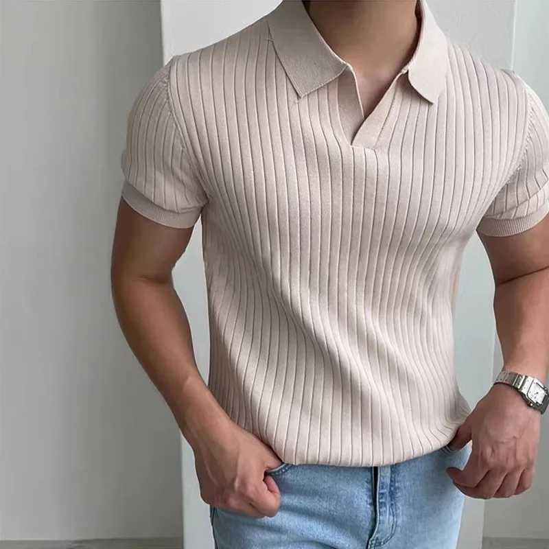Summer Mens Slim Fit Polo Shirt Ice Silk Knit V-neck Striped Casual Business Fashion Short Sleeve T-shirt For Mature MenX240920